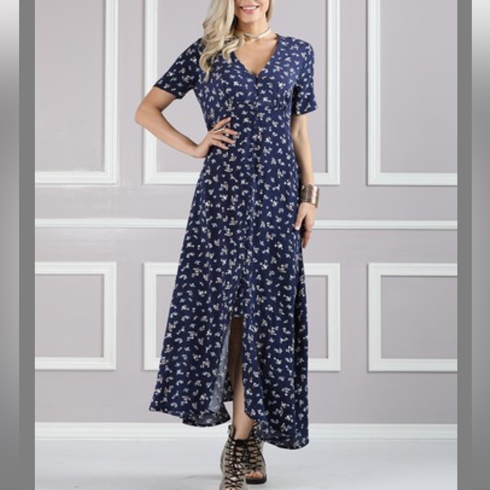 Suzanne Betro navy blue ditsy floral maxi dress plus size